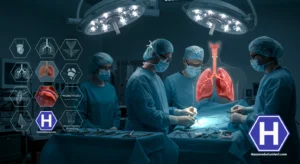 Modern bir tıbbi, ameliyathane ışıkları altında bir doktor ekibinin göğüs cerrahisi ameliyatı yaparken görülmesi. Arka planda akciğer, yemek borusu ve göğüs kafesi anatomisini gösteren saydam bir medikal görsel. Ön planda ise akciğer kanseri, pnömotoraks, mezotelyoma ve pektus ekskavatum gibi göğüs cerrahisinin tedavi ettiği hastalıkları temsil eden görsel ikonlar. Renkler profesyonel, steril ve medikal; mavi ve beyaz tonlar hakim. Medikal eğitim kitaplarını andıran,